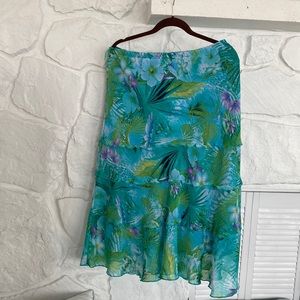 Preswick & Moore Aqua tropical print - tiered skirt, elastic waist, lined
